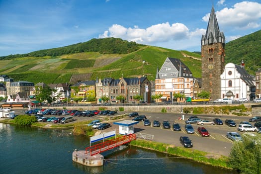 Bernkastel-Kues - town in Rhineland-Palatinat e region of Germany. Old decorative houses and vineyards next to Mosel river.