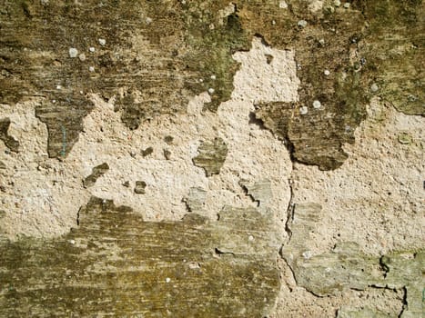 format-filling view of an old plastered and cracked wall with crumbling plaster