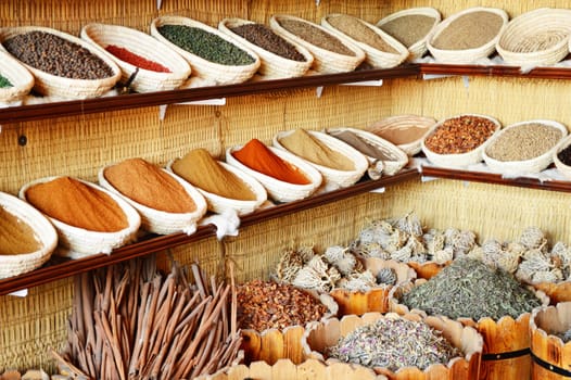 Spices in Arabic store including turmeric and curry powder