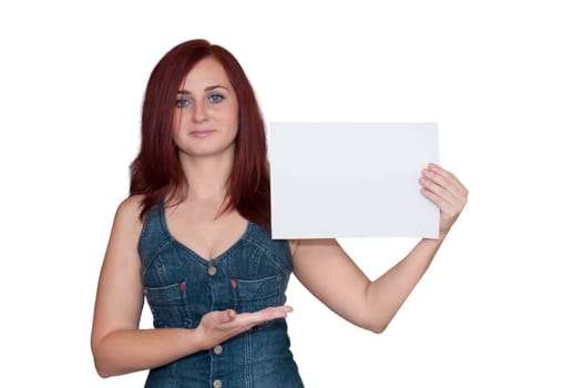happy woman showing blank signboard,isolated over white background