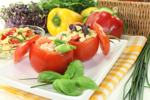 fresh tomatoes filled with summer pasta salad