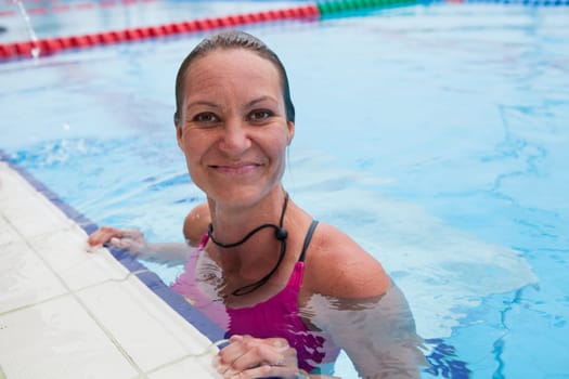 Smiling female swimmer resting at edge of outdoor swimming pool