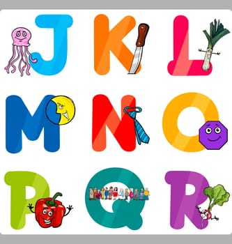 Cartoon Illustration of Funny Capital Letters Alphabet with Objects for Language and Vocabulary Education for Children from J to R