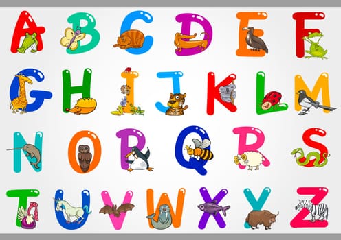 Cartoon Illustration of Colorful Alphabet Letters Set from A to Z with Funny Animals