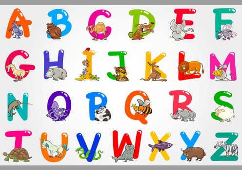 Cartoon Illustration of Colorful Alphabet Letters Set from A to Z with Funny Animals