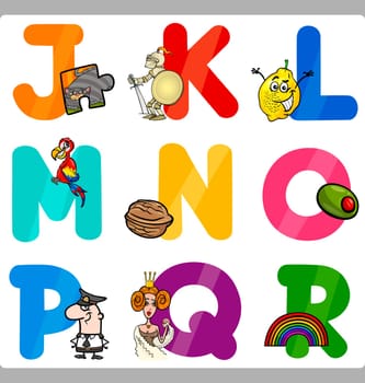 Cartoon Illustration of Funny Capital Letters Alphabet with Objects for Language and Vocabulary Education for Children from J to R