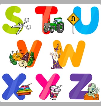 Cartoon Illustration of Funny Capital Letters Alphabet with Objects for Language and Vocabulary Education for Children from S to Z