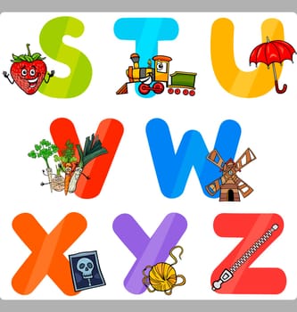 Cartoon Illustration of Funny Capital Letters Alphabet with Objects for Language and Vocabulary Education for Children from S to Z