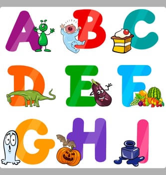 Cartoon Illustration of Funny Capital Letters Alphabet with Objects for Language and Vocabulary Education for Children from A to I
