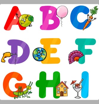 Cartoon Illustration of Funny Capital Letters Alphabet with Objects for Language and Vocabulary Education for Children from A to I