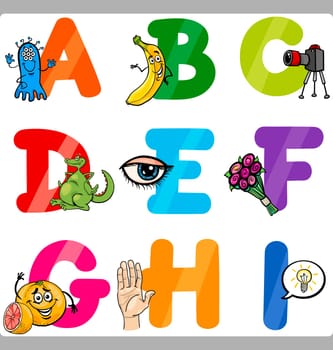 Cartoon Illustration of Funny Capital Letters Alphabet with Objects for Language and Vocabulary Education for Children from A to I