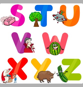Cartoon Illustration of Funny Capital Letters Alphabet with Objects for Language and Vocabulary Education for Children from S to Z
