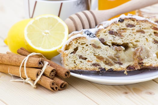 christmas stollen, lemon and cinnamon sticks