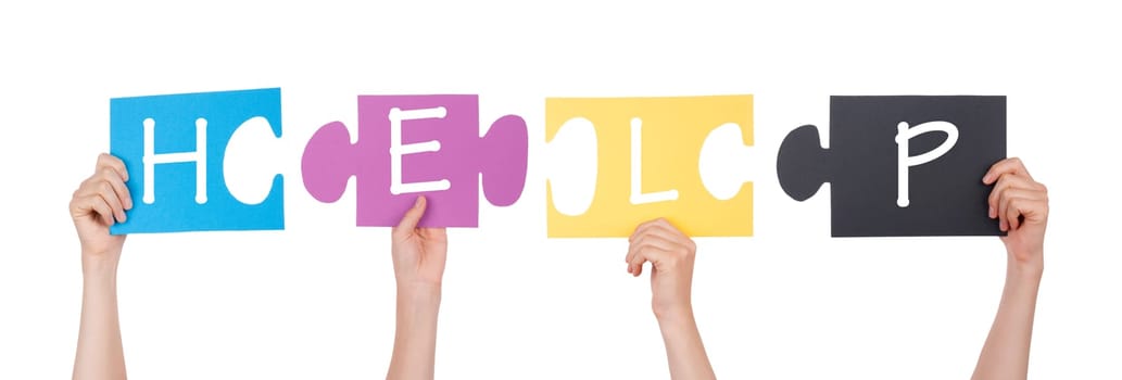 People Holding Colorful Pieces of a Puzzle With Help on it, Isolated