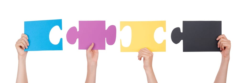 People Holding Pieces of a Puzzle, Isolated