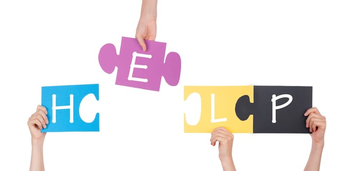 Hands holding a Colorful Puzzle With Help on it, Isolated