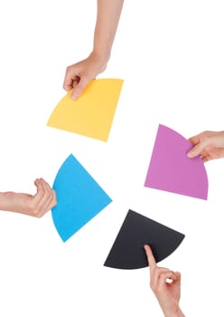 People Holding Colorful Pieces of a Chromatic Circle, Isolated