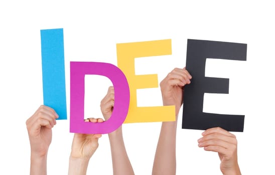 People Holding the German Word Idee Which Means Idea, Isolated