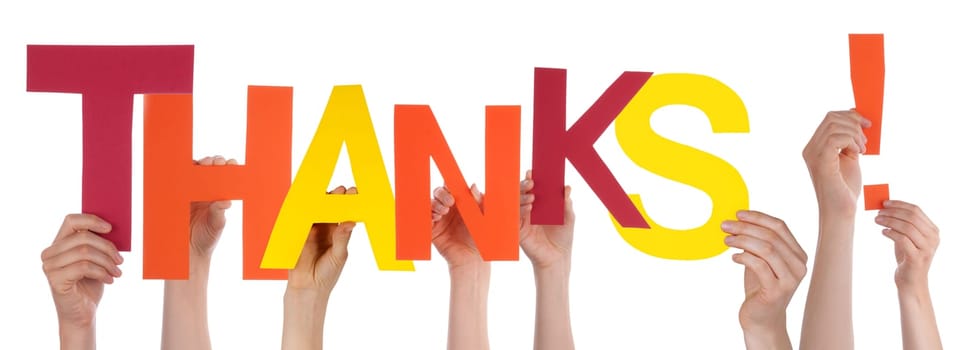 Many Hands Holding a Colorful Thanks with Interrogation Mark, Isolated