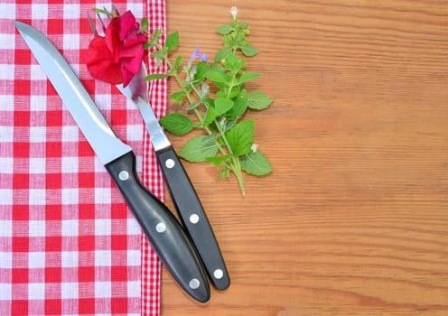 Cutlery red checkered background rustic