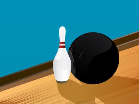 Illustration of a bowling ball and pin on the alley