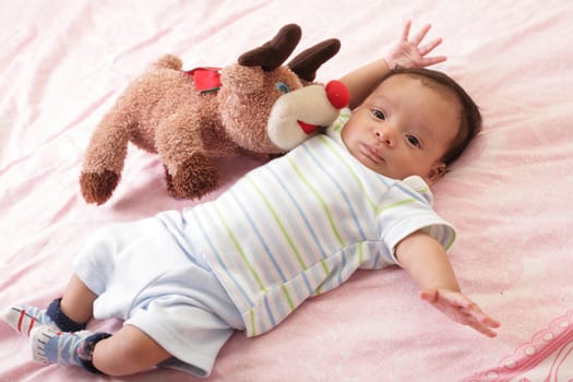 hispanic baby with teddy bear laying on bed