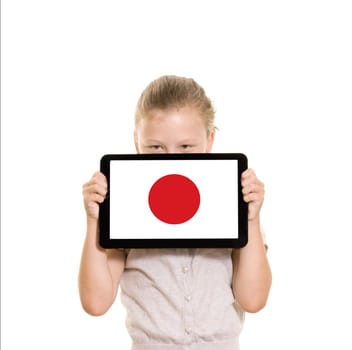 Girl holding tablet pc displaying flag of Japan