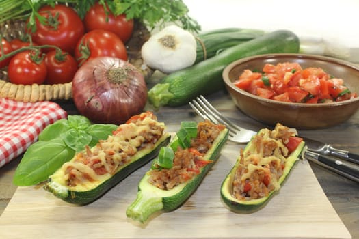 baked zucchinis stuffed with minced meat and tomatoes