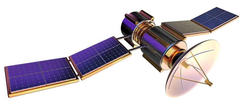3D model of an artificial satellite of the Earth, equipped solar panels and parabolic satellite communications antenna