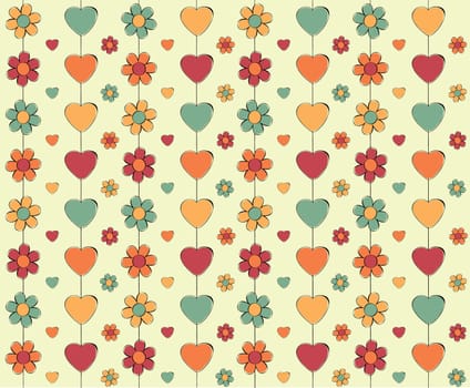 a fun illustrated wallpaper design with flowers and hearts