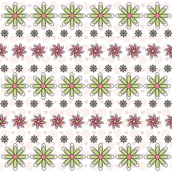A Trendy Illustrated Pink and Green Symmetrical Flower Pattern
