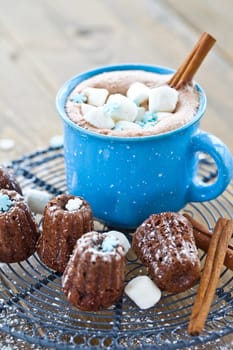Small chocolate cake and hot chocolate with marshmallows