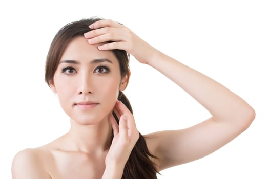Asian female beauty face. Close-up portrait with clean and fresh elegant lady. Isolated on the white background.