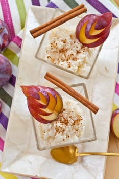 rice pudding in two small bowls with cinnamon and plums