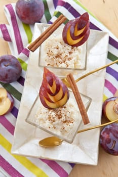 rice pudding in two small bowls with cinnamon and plums