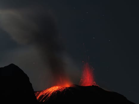 Strong eruption of Volcano Stromboli in Italy Sicily