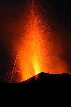 Strong eruption of Volcano Stromboli in Italy Sicily
