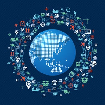 Shipping concept icons network circle around planet Earth with focus in Asia. Vector file in layers for easy editing.