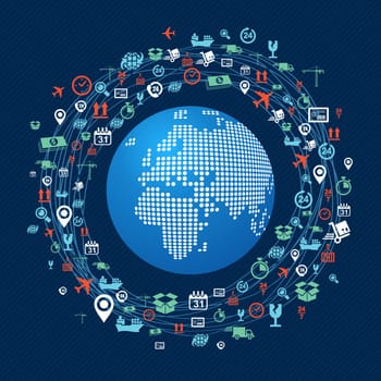 Shipping concept icons network circle around planet Earth with focus in Africa and Europe. Vector in layers for easy editing.
