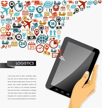 Shipping logistics application concept icons splash composition. Human hand tablet pc illustration. Vector file in layers for easy personalization.