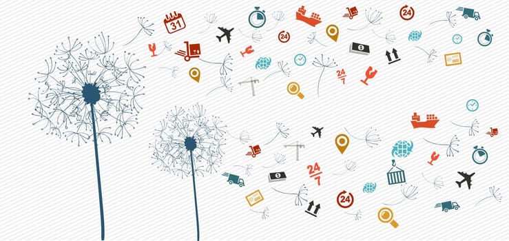 Shipping logistics flying icons dandelion concept illustration. Vector file in layers for easy editing.
