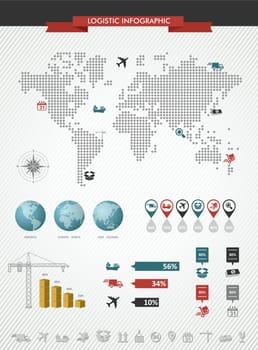 Global logistics infographic illustration. World map with information graphics elements about shipping and worldwide goods trading. Vector file in layers for easy editing.