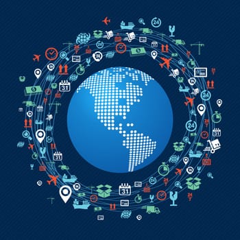 Shipping concept icons network circle around planet Earth with focus in America. Vector file in layers for easy editing.