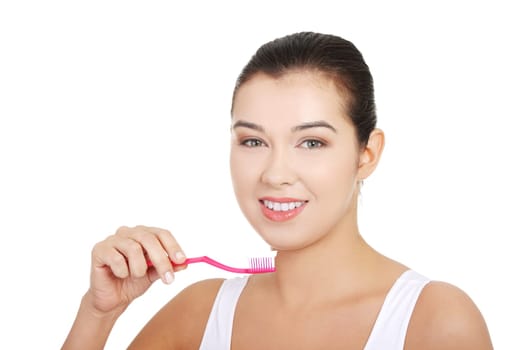 Woman with great teeth holding tooth-brush, isolated
