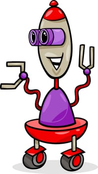 Cartoon Illustration of Happy Robot or Droid on Wheels