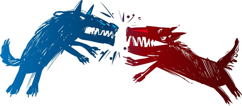 Illustration of Two Angry Fighting Wolves Baring their Teeth
