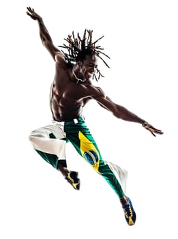one brazilian  black man  dancer dancing jumping on white background
