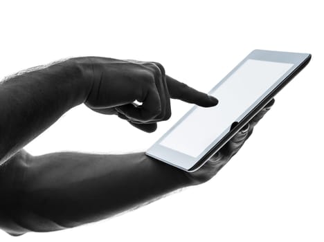 close up hands man touchscreen  one caucasian man touchscreen digital tablet   in silhouette on white background