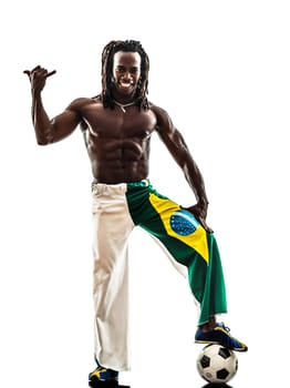 one brazilian  black man soccer player  on white background