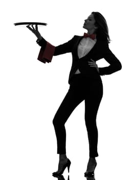 one caucasian woman waiter butler holding empty tray  in silhouette  on white background
